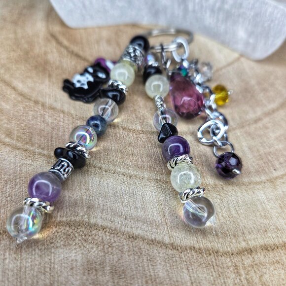 Cat Keychain — Citrine, Amethyst, Sodalite & Obsidian with Glass Beads - Picture 3 of 4